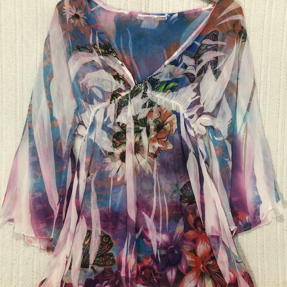 Floral Butterfly Sheer Chiffon Empire Waist Tunic Top Blue Purple Boho V-Neck